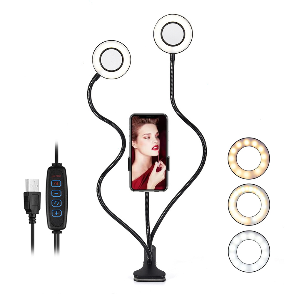 Led Ring Light - ไฟคู่ไฟ LED เติมวงแหวนแสง USB แบบยืดหยุ่นโคมไฟเติมแสงโคมไฟวงแหวนหรี่แสงได้พร้อมที่วางโทรศัพท์สําหรับการสตรีมสด