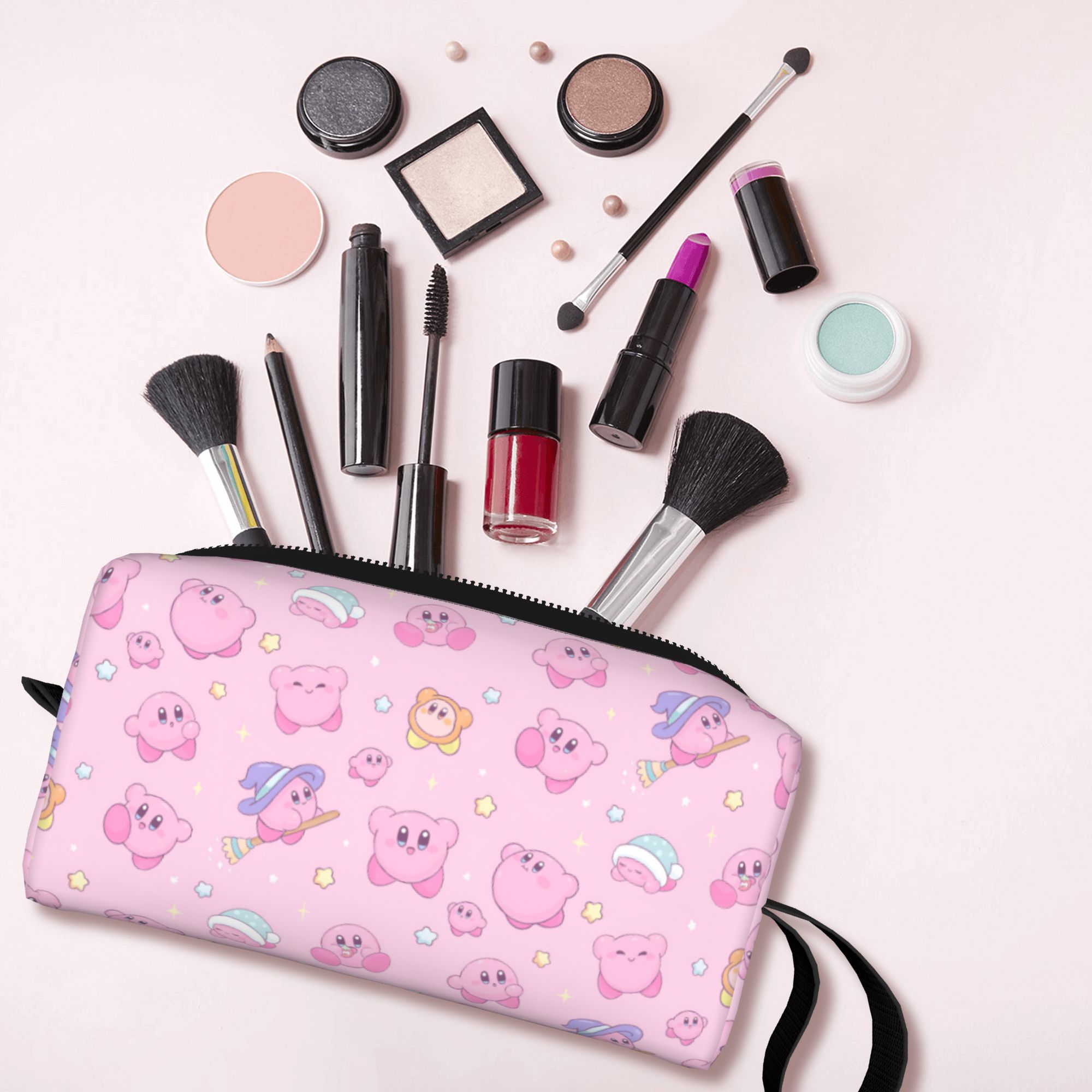 Beauty Makeup Game - กระเป๋าใส่เครื่องสำอางแบบพกพาลายการ์ตูนคิร์บี้สุดน่ารักสำหรับผู้หญิง กระเป๋าเครื่องสำอางสำหรับเก็บของใช้ในห้องน้ำ